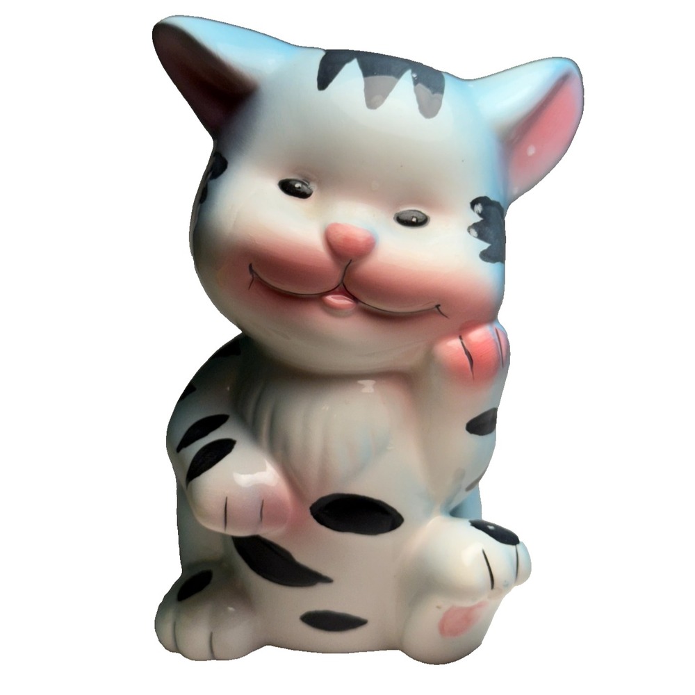 Vtg Cat Piggy Bank 5" T Ceramic Blue & Pink Kitty Bank With Stopper Cute Gift
